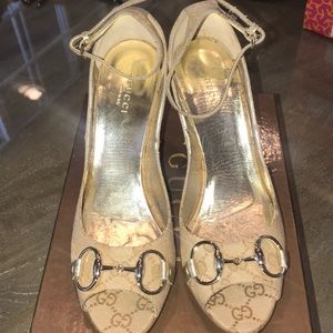 Nude Gucci monogram wedge heel